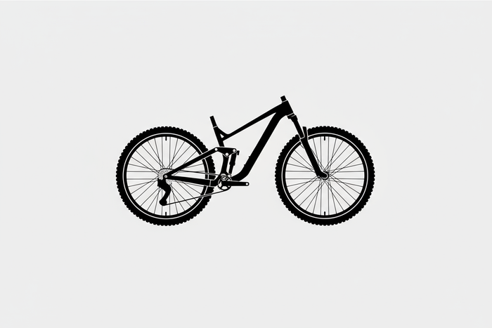 Crea un'icona quadrata, sfondo grigio chiaro e icona nera - il telaio di una mtb e delle ruote da mtb 